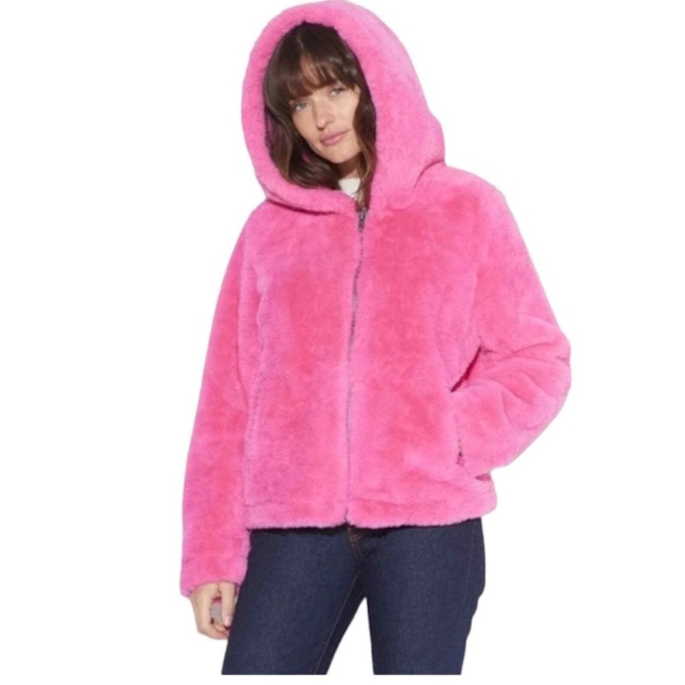 Pink Coat Jacket Faux Fur Hoodie Zip Up Girlhoodcore Girly Teen Barbie APPARIS